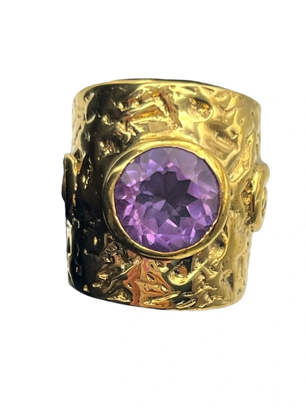 Italy wide textured gold tone band ring size 5 purple glass stone vintage